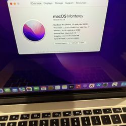 Macbook Pro Retina 2015 2.2 Quad-Core Intel-core I7 16gb Of Memory Ram 500gb Flash drive running macOS Monterrey