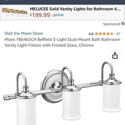 Moen YB6463CH Belfield 3-Light Dual-Mount Bath Bathroom Vanity Light Fixture with Frosted Glass, Chrome