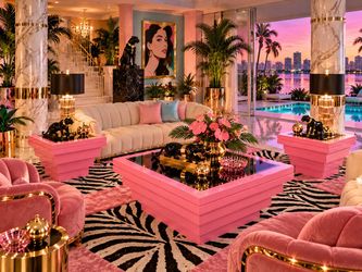 80s Postmodern Step Pyramid Art Deco Square Hot Pink & Smoked Mirrored Wood Coffee table