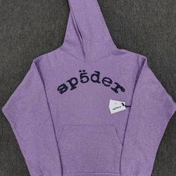 lavender vvs spider hoodie with black lettering 