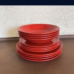 One New 12 Piece Set Of Red Ceramic Dinnerware