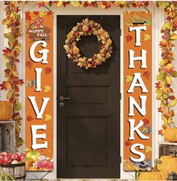 GIVE Thanks Hanging Banner Porch Sign Autumn Pumpkin Maple Leaf Backdrop Flag Fall Harvest Welcome B