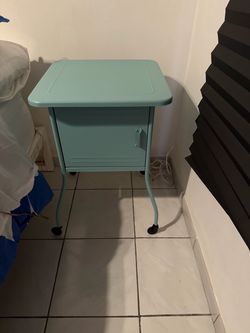 IKEA Teal Metal Side Table/ Nightstand on Wheels