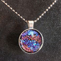 Faux dichroic glass blue pink color shift pendant on 20" inch silver necklace 