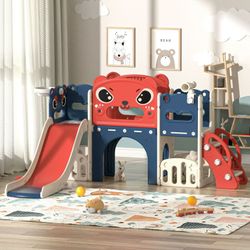 9 in 1 Large Toddler Slide Set for 1-8 Kids, Toddler Climber Slide Playset with Slide, Climber Pedals, Telescope, Riss Toss Basketball Hoop and Balls,