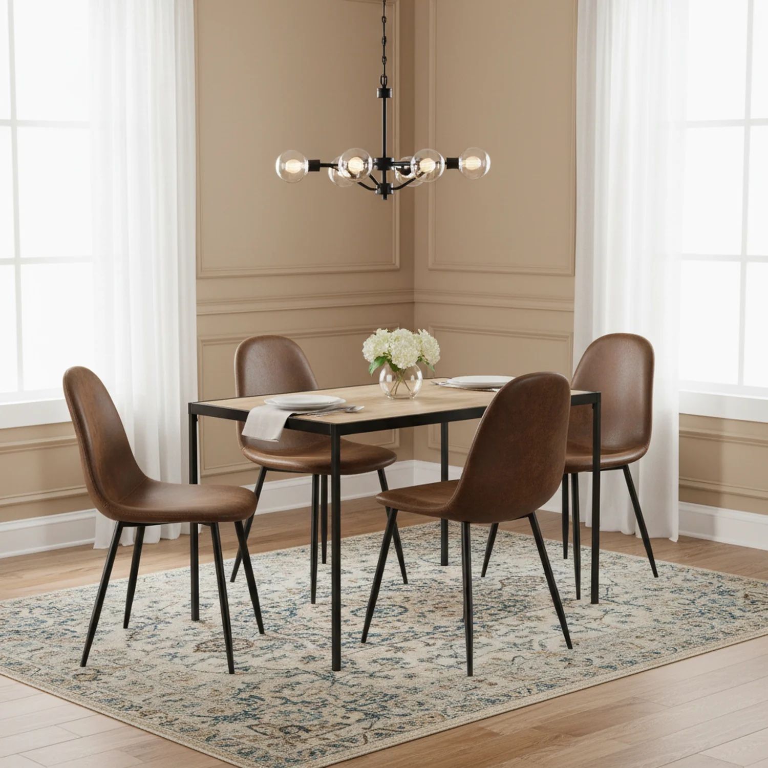 Homy Casa Milliken 5 Piece Walnut California Upholstered Dining Set, Suede Brown