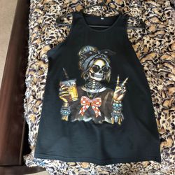 Black tank top with cute retro girl skull in bandana