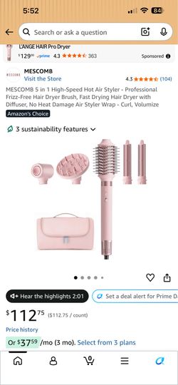 MESCOMB 5 in 1 High-Speed Hot Air Styler - Professional Frizz-Free Hair Dryer Brush, Fast Drying Hair Dryer with Diffuser, No Heat Damage Air Styler W