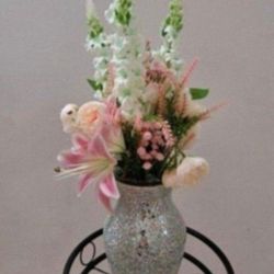 *** VALENTINE'S SPECIAL *** Silver Mosaic Vase / Faux Floral Bouquet (Tiger Lilies / Delphinium / Begonias) @ Lasting Creations