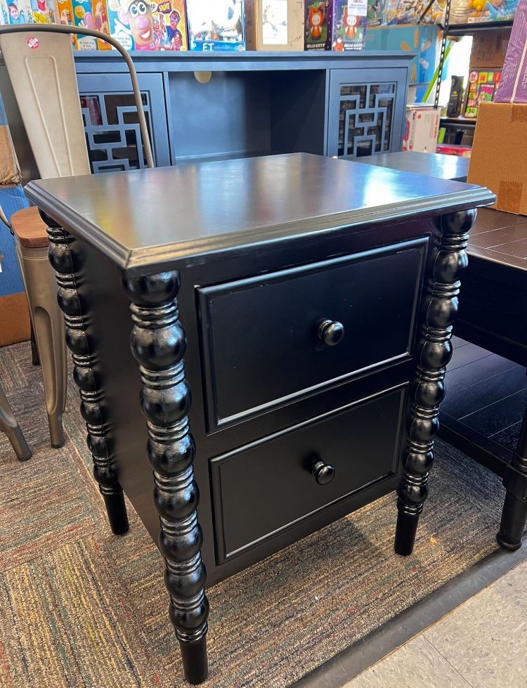 Classic Black Wood 2-Drawer End Table with Spindle Legs, New