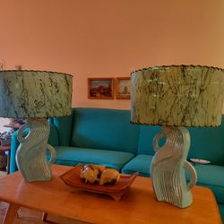 A Pair Of Mid Century Late 40's 1950's Cactus Themed Table Lamps 