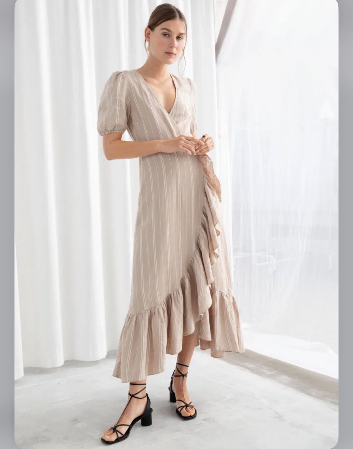 & Other Stories Linen Wrap Midi Women Dress Sz. 2 Ruffles Stripes Sustainable Bohemian