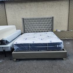 Silver King Size Sofia Vergara Bed Frame With Brand New King Size Plush Stearns &foster  Studio  14 Inches Mattress And Box Spring In 
