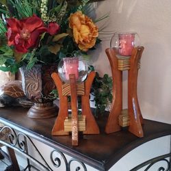 Set Of Two Wooden Candle Holders 