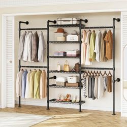 ONBRILL H3 Wall Mounted Closet System, Expandable Industrial Pipe Clothes Rack Clothing Rack for Hanging Clothes, Heavy Duty Closet Organizers and Sto