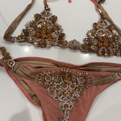 Bikini Crush Swimwear Rose Pink Gold Brown Glitter Gem Sequin Bikini L Bottom And M Top