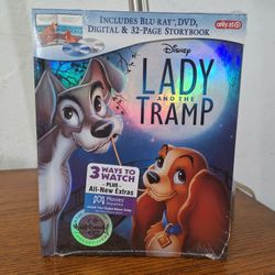 New, Sealed!!  Lady And The Tramp Blu-Ray + DVD + Digital HD With 32-Page Storybook - Disney