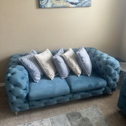 Blue Tufted Sofa And Loveseat Set