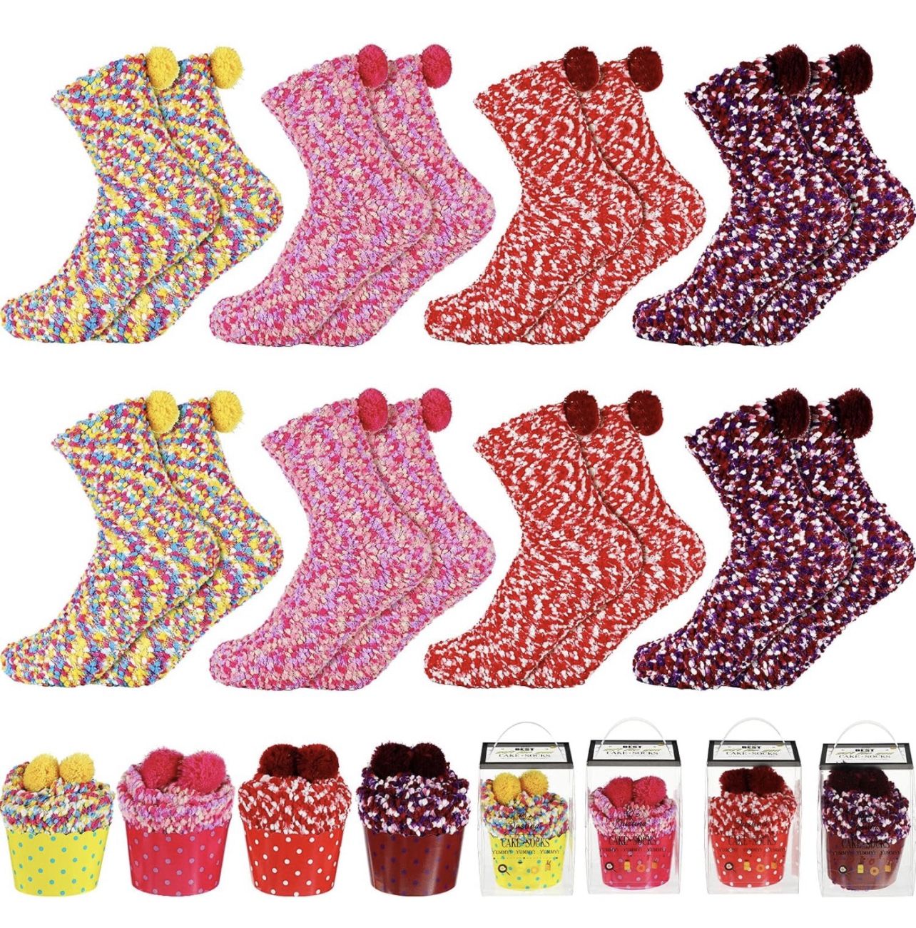 8 Pairs Valentine's Day Cupcake Socks Gifts for Women Girl Fuzzy Fluffy Sock DIY Present Socks Birthday Gifts