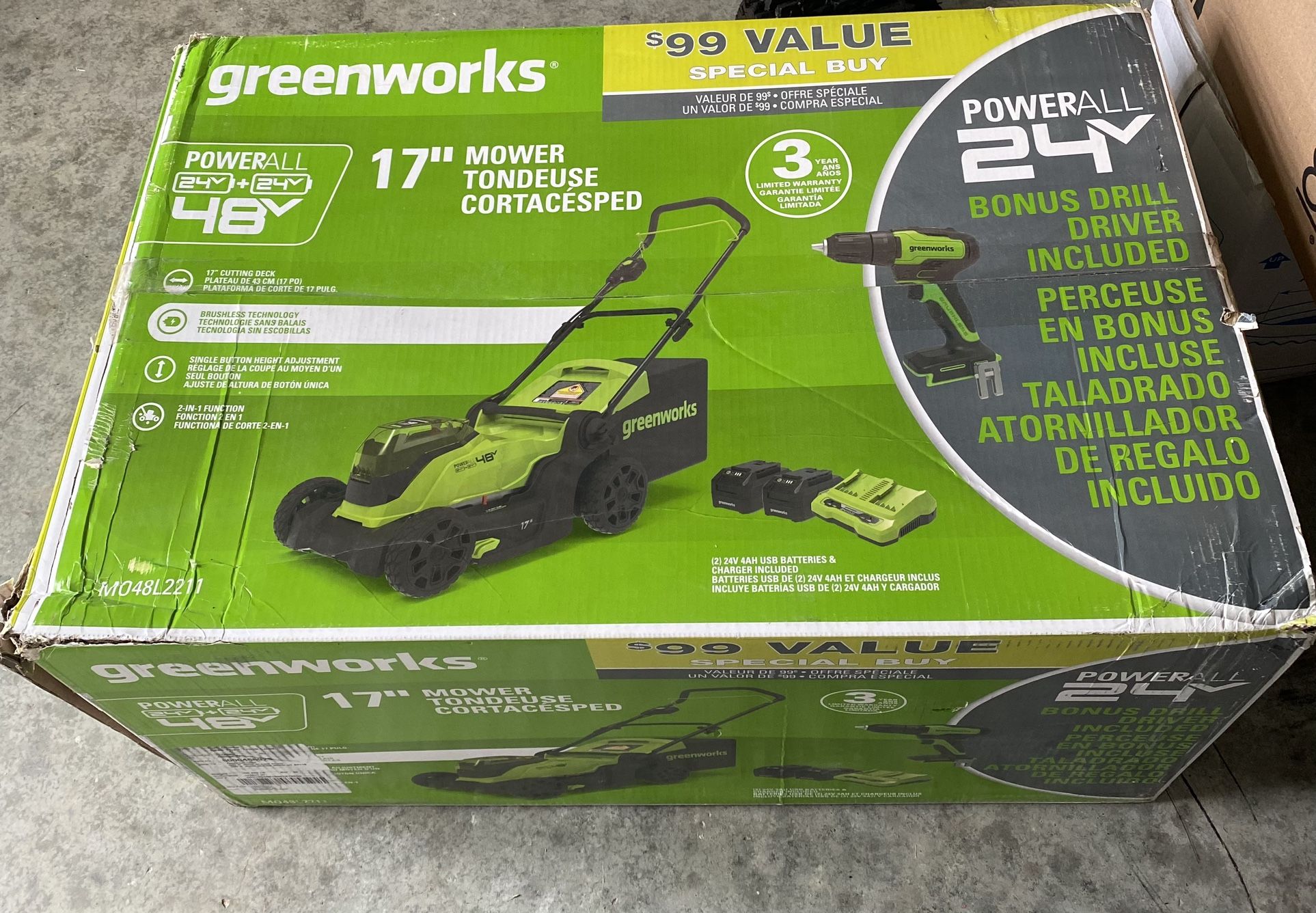 Greenworks 48V 17" Brushless Cordless Lawn Mower + 24V Brushless Drill