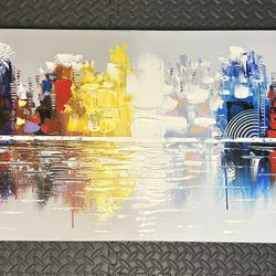 Hand-painted Textured City Oil Painting on Canvas Reflection Abstract Cityscape Wall Art for Decor