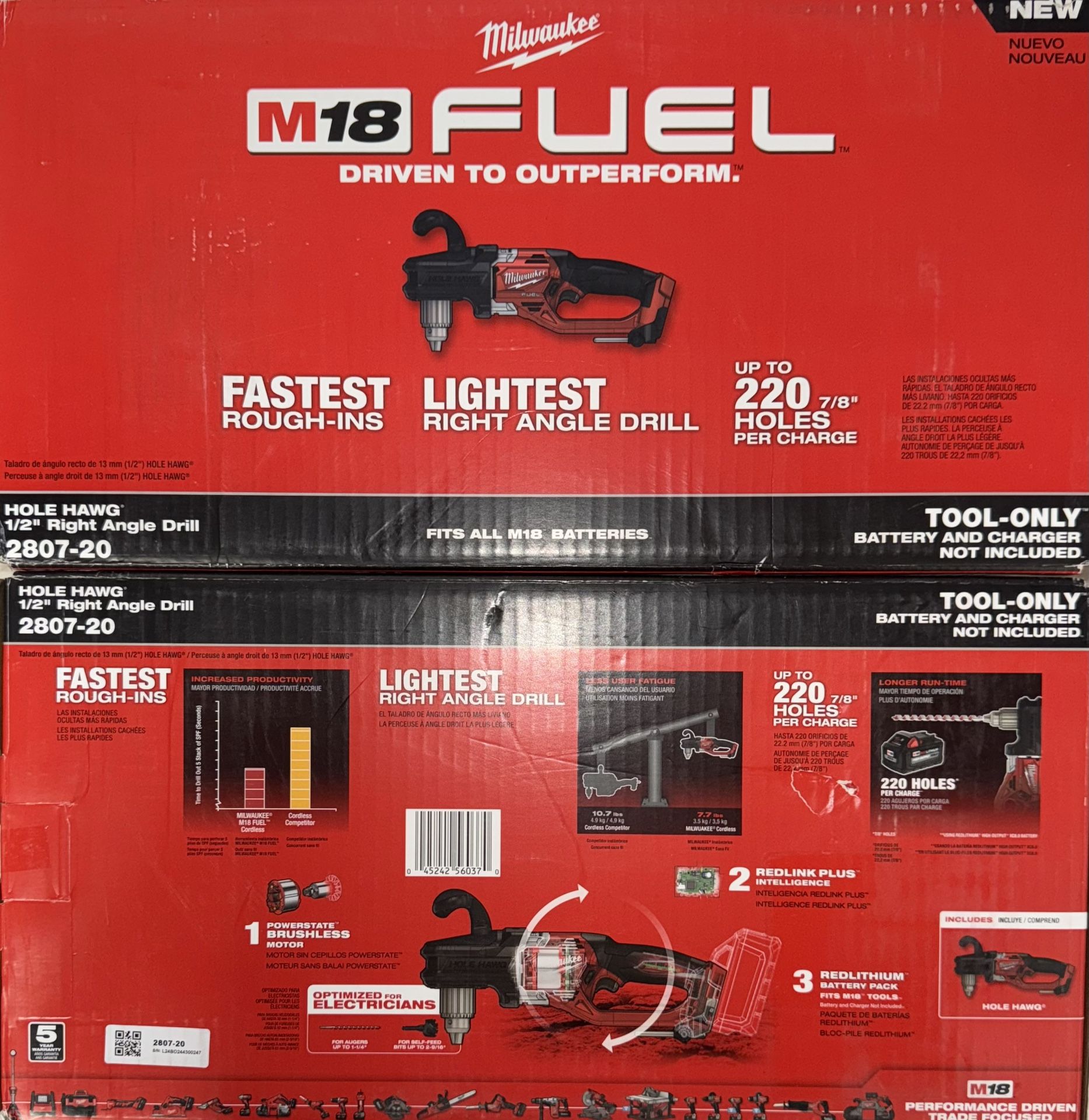 Milwaukee M18 Fuel Hole Hawg 1/2” Right Angle Drill. Tool Only. Model #2807-20