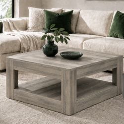 Brand New in box 31.5” Large Square Farmhouse Coffee Table with Storage Shelf – Gray Wood