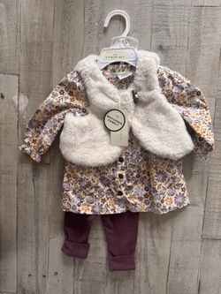 Max Studio Girls 3 Piece Floral Outfit Set 18M Dress Faux Fur Vest Pants Floral
