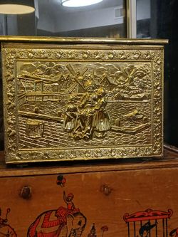 Vintage Embossed Brass Tinder Box Wooden Core