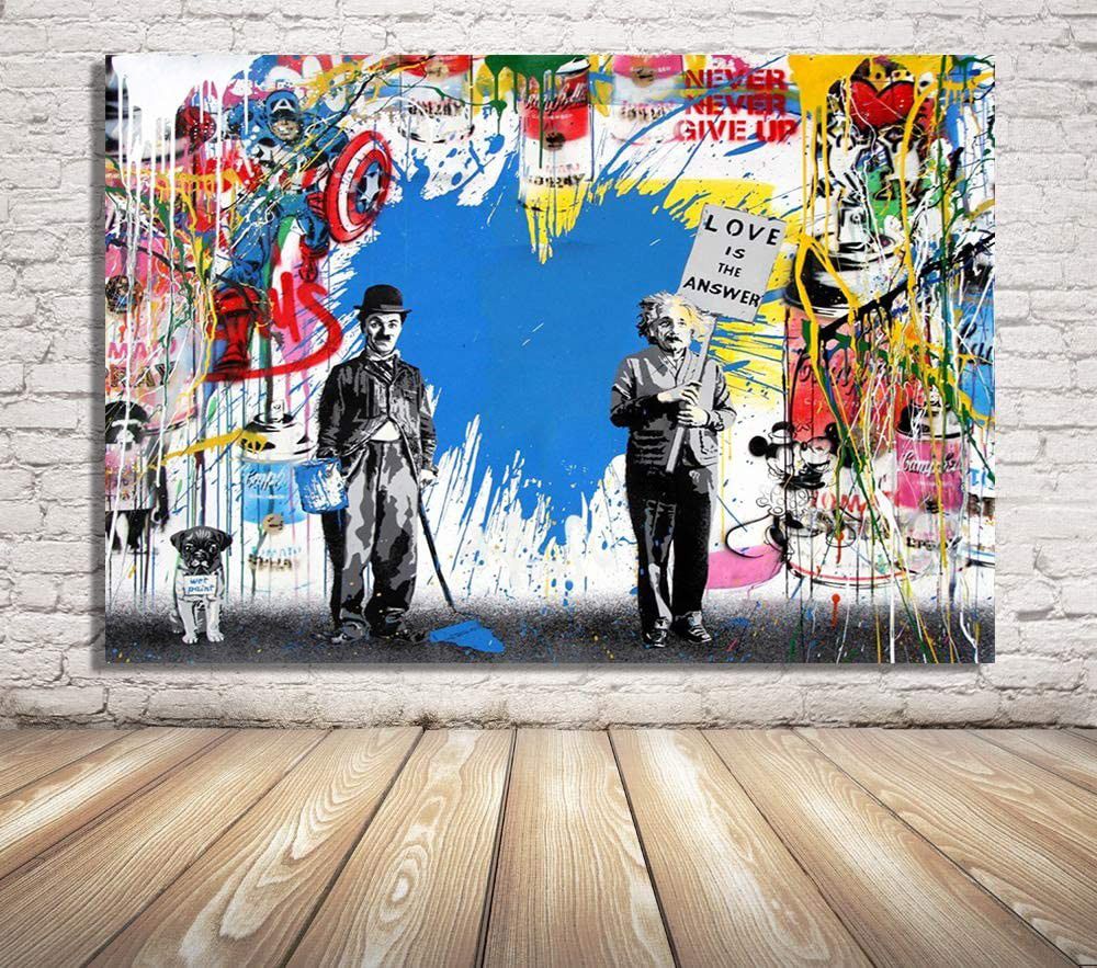 Chaplin & Einstein Pink Canvas Painting Wall Art Print Poster Modern Home Dining Bedroom Office Hallway Lobby Decor Abstract Gift New