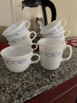 7 Pyrex Corning Morning Blue Flower Tea Cups 8 oz