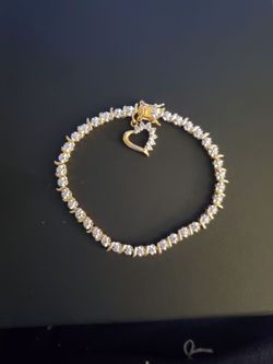 Vintage PAJ BB China Gold Tone Crystal Diamond Illusion Tennis Bracelet Heart Charm Accent