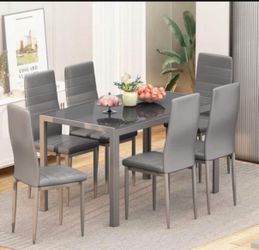 7 Piece Kitchen 6 Person, Tempered Glass Table and PU Leather Chairs Modern Dining Room Sets for Small Space, Grey