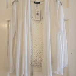 New Small S. Levine Ivory White Silver Rhinestone Pearl Formal Dress Shirt & Sheer Iridescent Shawl