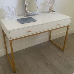 White & Gold Vanity Desk w/ Drawers