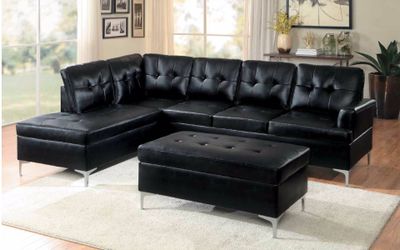Black leather Sectional with Chrome Legs