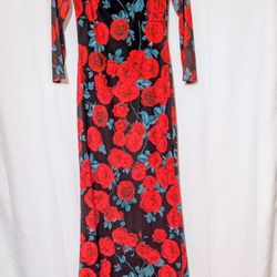 Dress SHEIN  Elegant Floral Red And Black Dress Lining Mid Length Sleeves Roses