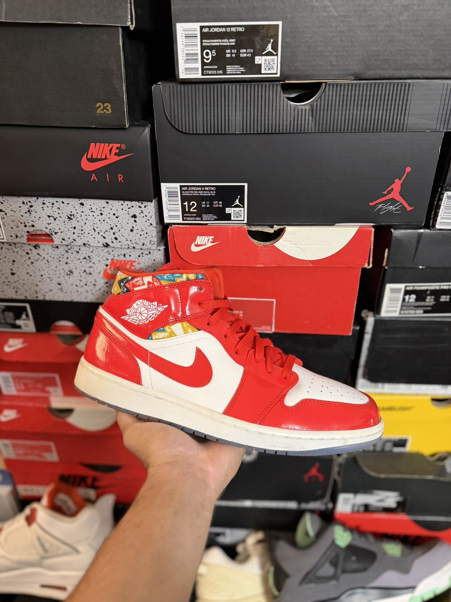 Jordan 1 Mid Barcelona Sweater Red Patent size 12 USED But Clean