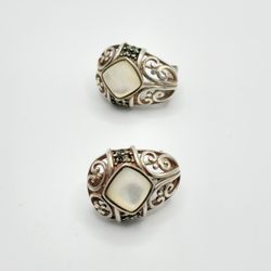 Vintage signed Sterling silver marcasite mother of pearl fillagree earrings