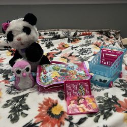 Various toys Like Shopkins Bag, Cart And Cards, Hatchimals And Panda