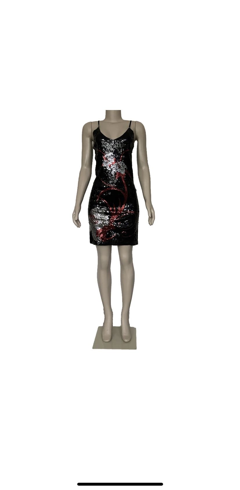 Women's Hot Red & Red Sequined Florals Mini Dress Spaghetti Strap (NEW)