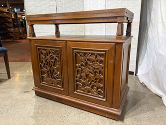 Vintage Flip Top Buffet with Intricately Carved Panels of Birds and Bamboo