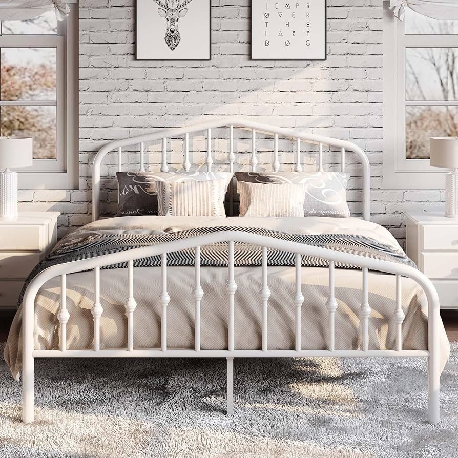 Queen Size Metal Platform Bed Frame with Victorian Style Wrought Iron-Art Headboard/Footboard, No Box Spring Required, White Material Metal
