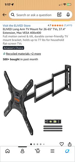 ELIVED Long Arm TV Mount for 26‑65" TVs, 37.4" Extension, Max VESA 400x400 Full motion swivel & tilt, durable corner‑friendly TV mount bracket, holds 