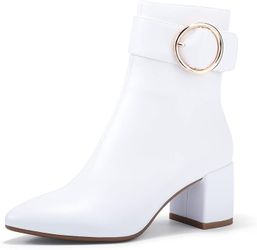 Women Dressy Chunky Heel Ankle Boots Pointed Toe Metal Ring Zipper Short Booties