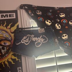 Ed Hardy Dark Blue Denim Jean Shorts With Distressed Hem