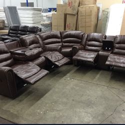 Brown Leather Fully Reclining Wrap Around Sectional Couch 