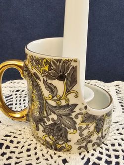 $10.00 - Vtg Porcelain Chamberstick Candleholder, Gorgeous Paisley Design & Gold-Tone Accents on Rim/Base!