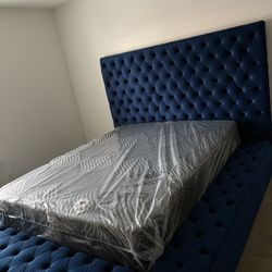 Blue Queen Size Storage Bed Frame 