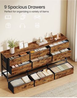 Dresser with 9 Fabric Drawers, TV Stand for TVs Up to 70 Inches Wide Dresser, Chest of Drawers for Bedroom and Living Room, Rustic Brown and Ink Black